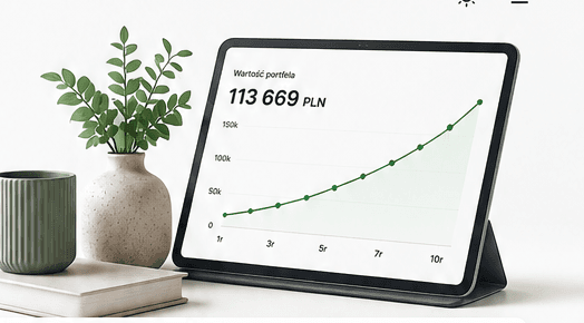 Tablet z rosnącym wykresem wartości portfela obok rośliny i książek