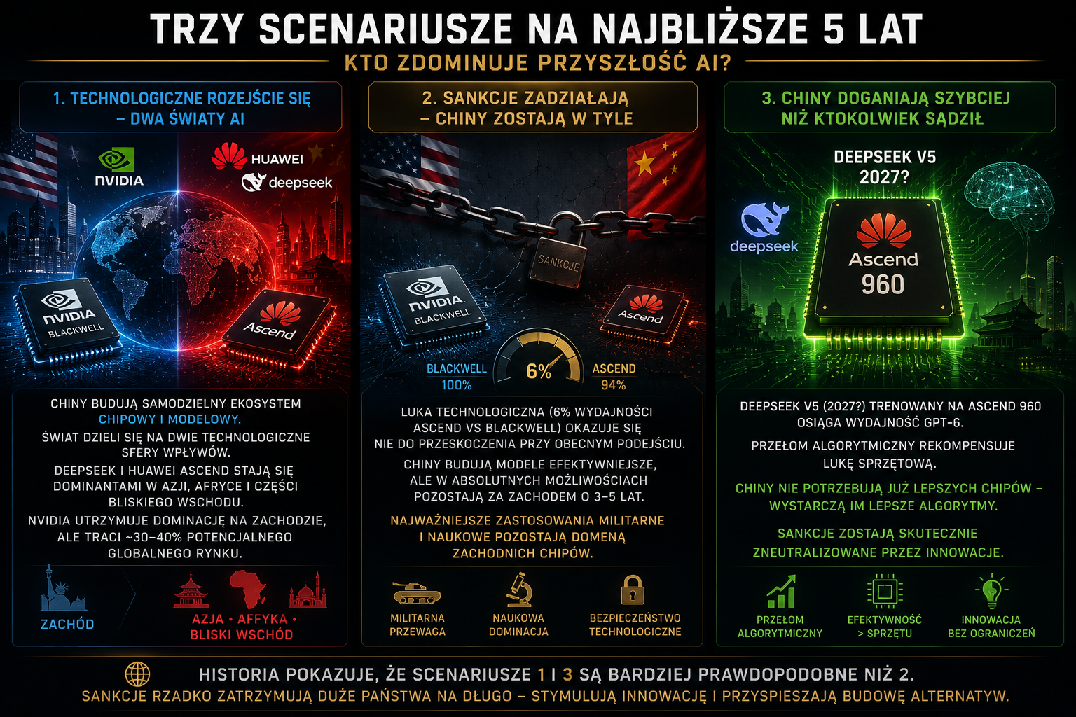 Trzy scenariusze wyoscigu chipow AI - fragmentacja technologiczna i dwie sfery wplywow