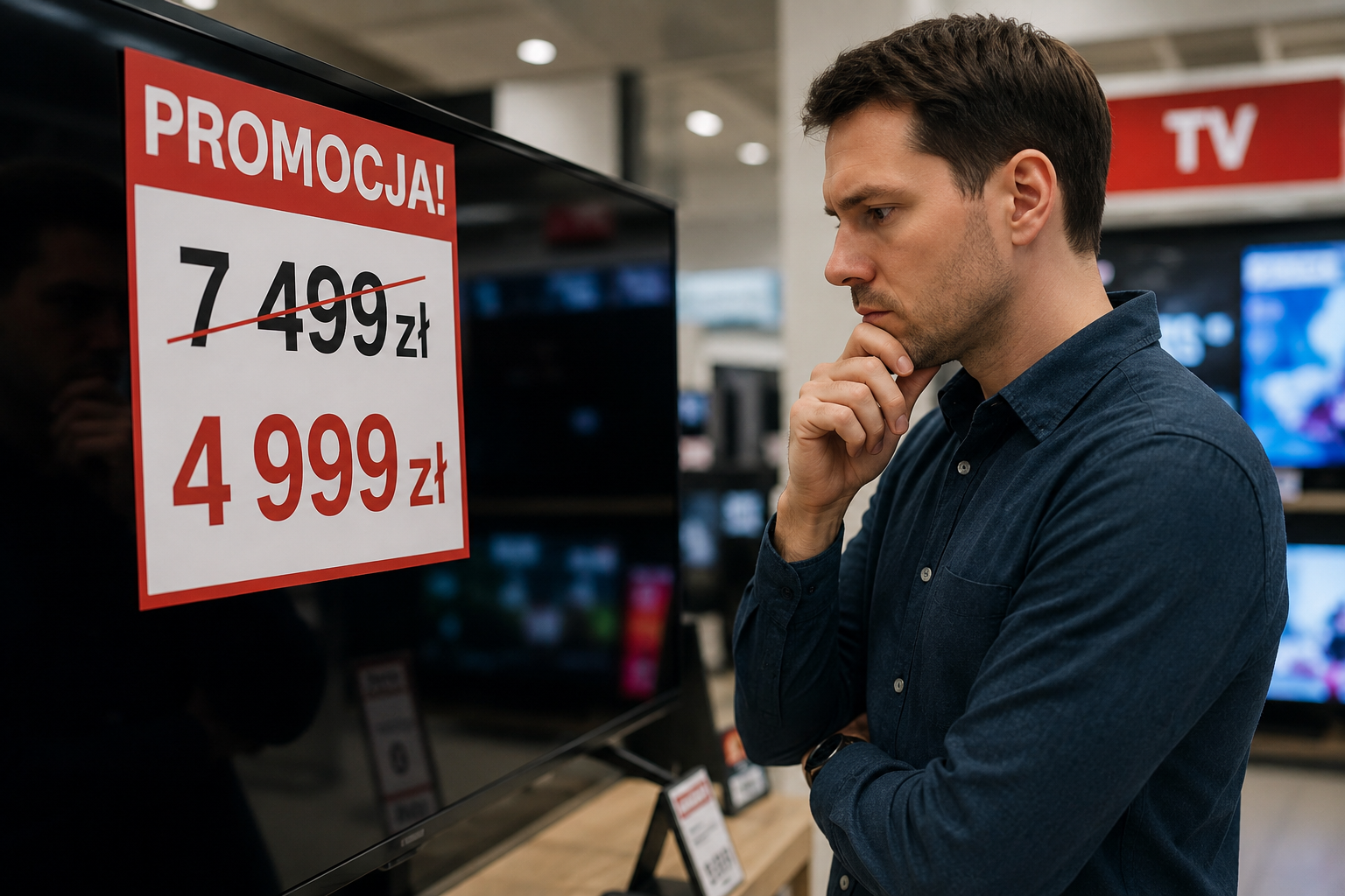 Mężczyzna w sklepie RTV analizuje promocję - przekreślona cena 7 499 zł, nowa cena 4 999 zł. Klasyczny przykład efektu zakotwiczenia